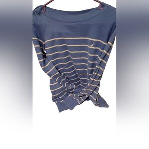 Nautica Large Blue And White Striped Long Sleeve Top. With Back Buttons